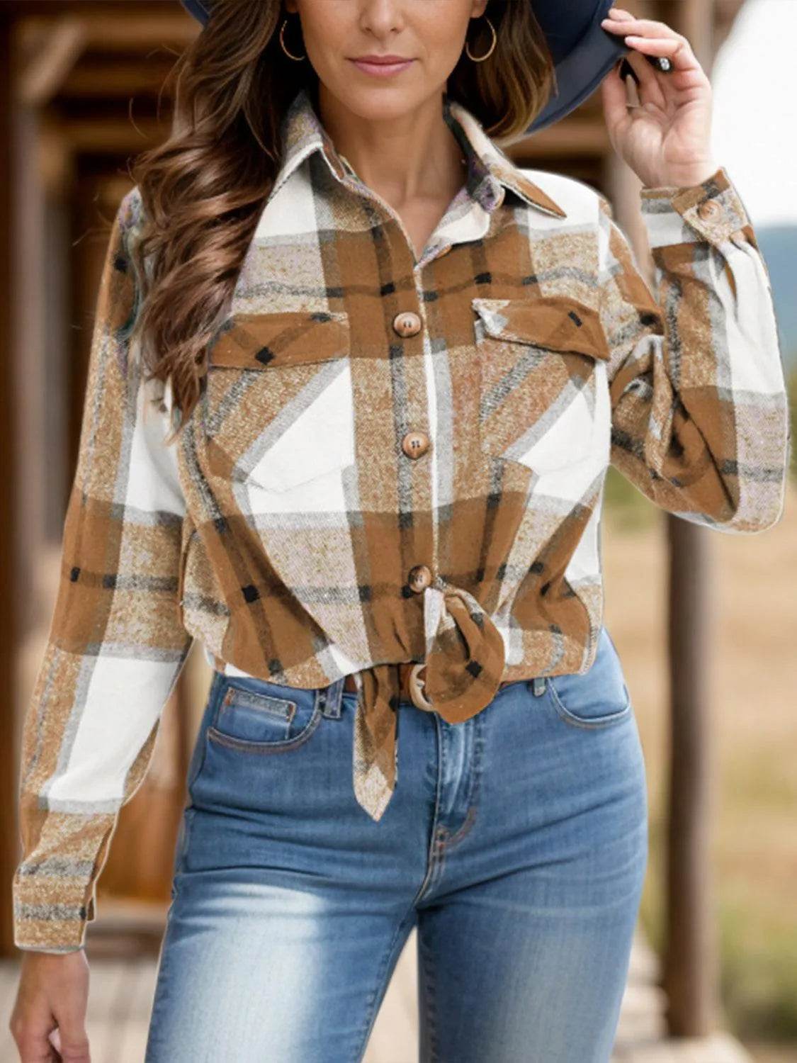 Full Size Pocketed Plaid Collared Neck Shacket - Bona Fide Fashion
