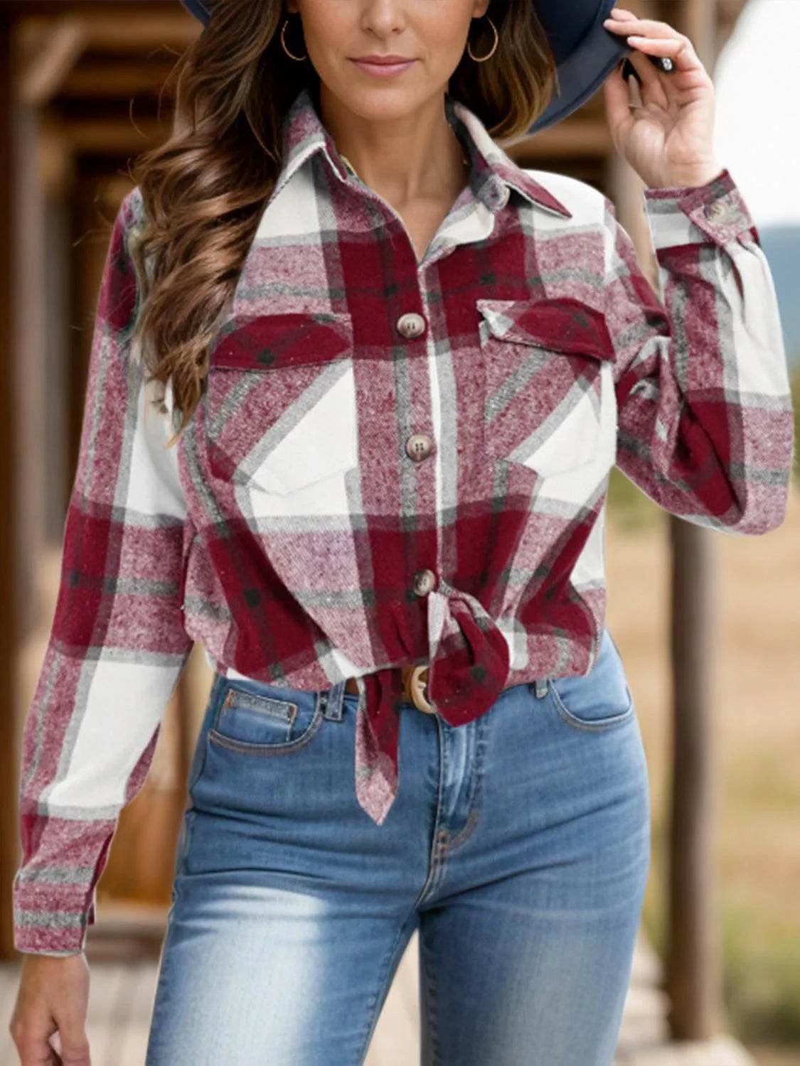 Full Size Pocketed Plaid Collared Neck Shacket - Bona Fide Fashion