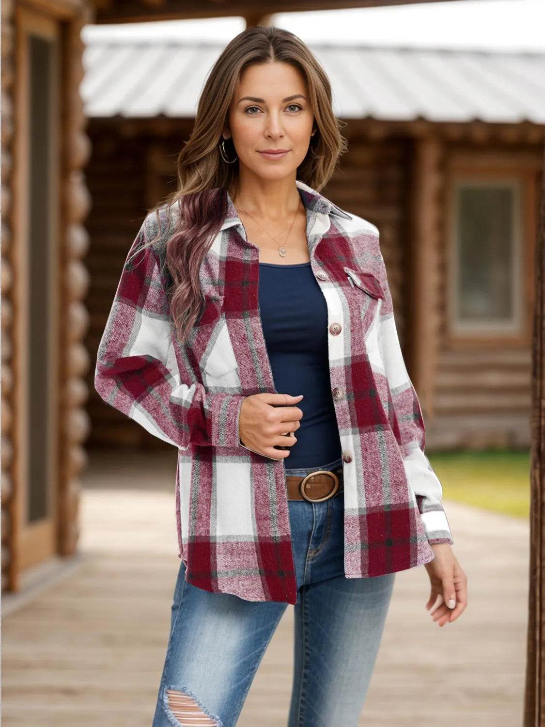Full Size Pocketed Plaid Collared Neck Shacket - Bona Fide Fashion