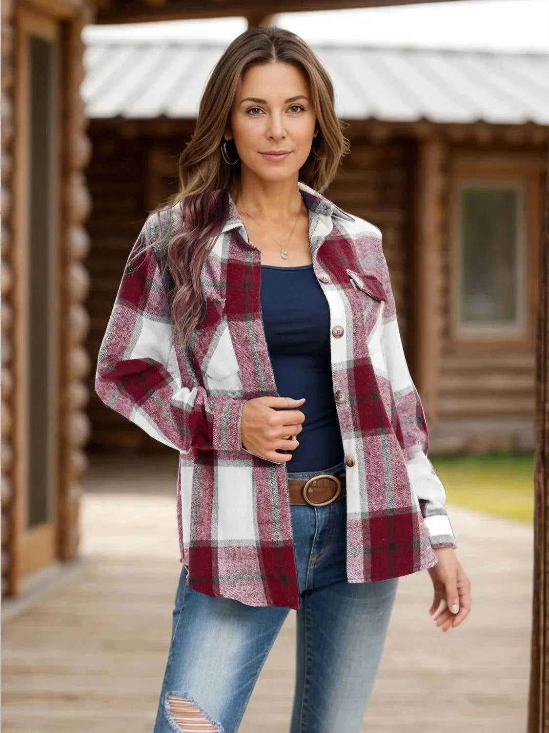 Full Size Pocketed Plaid Collared Neck Shacket - Bona Fide Fashion