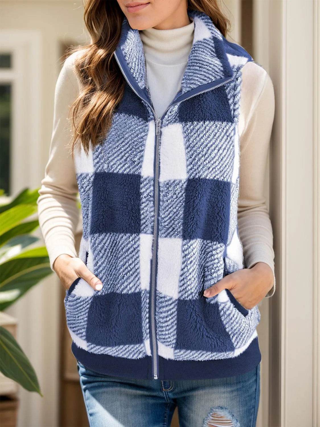 Full Size Pocketed Plaid Vest Coat - Bona Fide Fashion