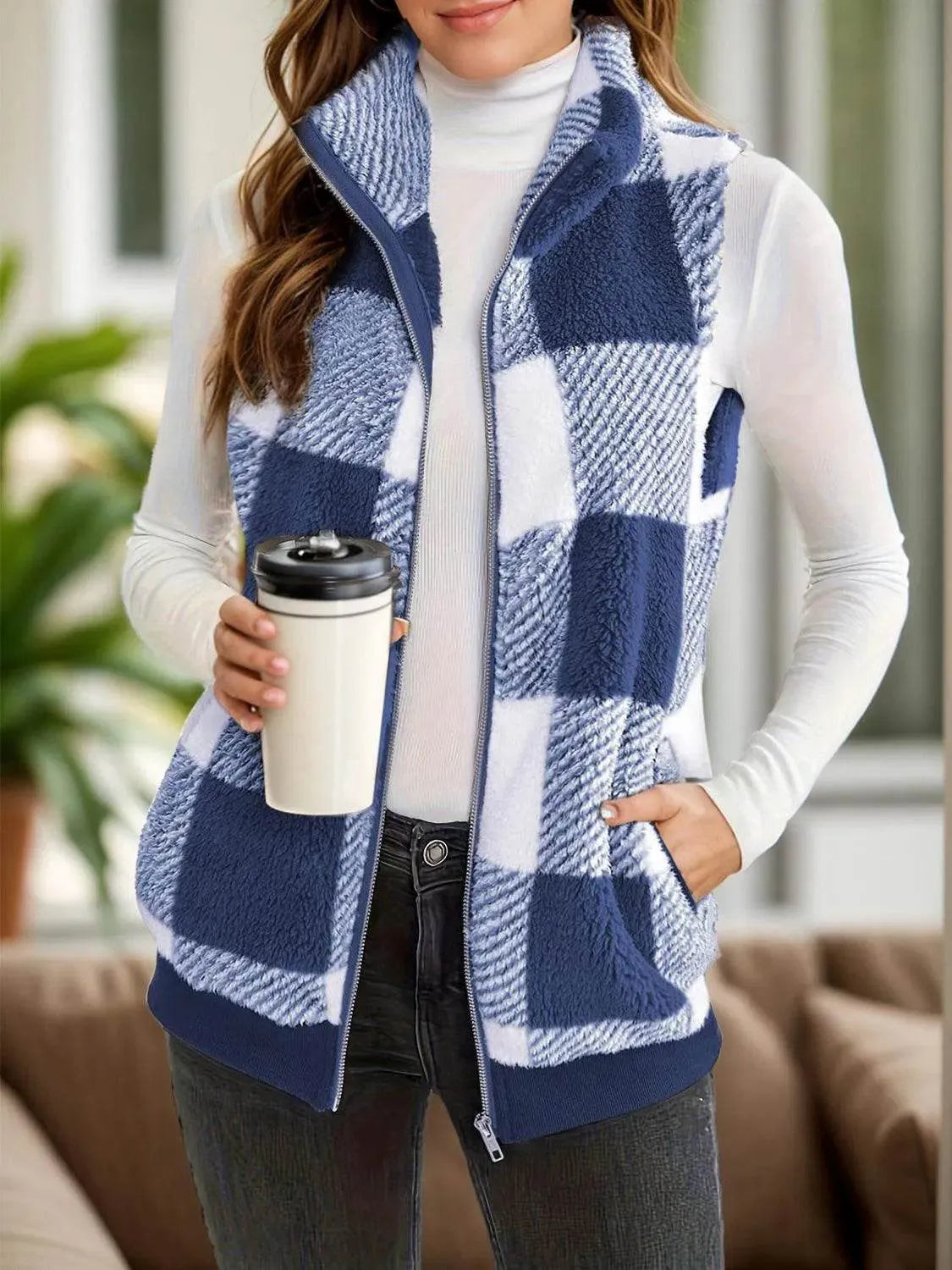 Full Size Pocketed Plaid Vest Coat - Bona Fide Fashion