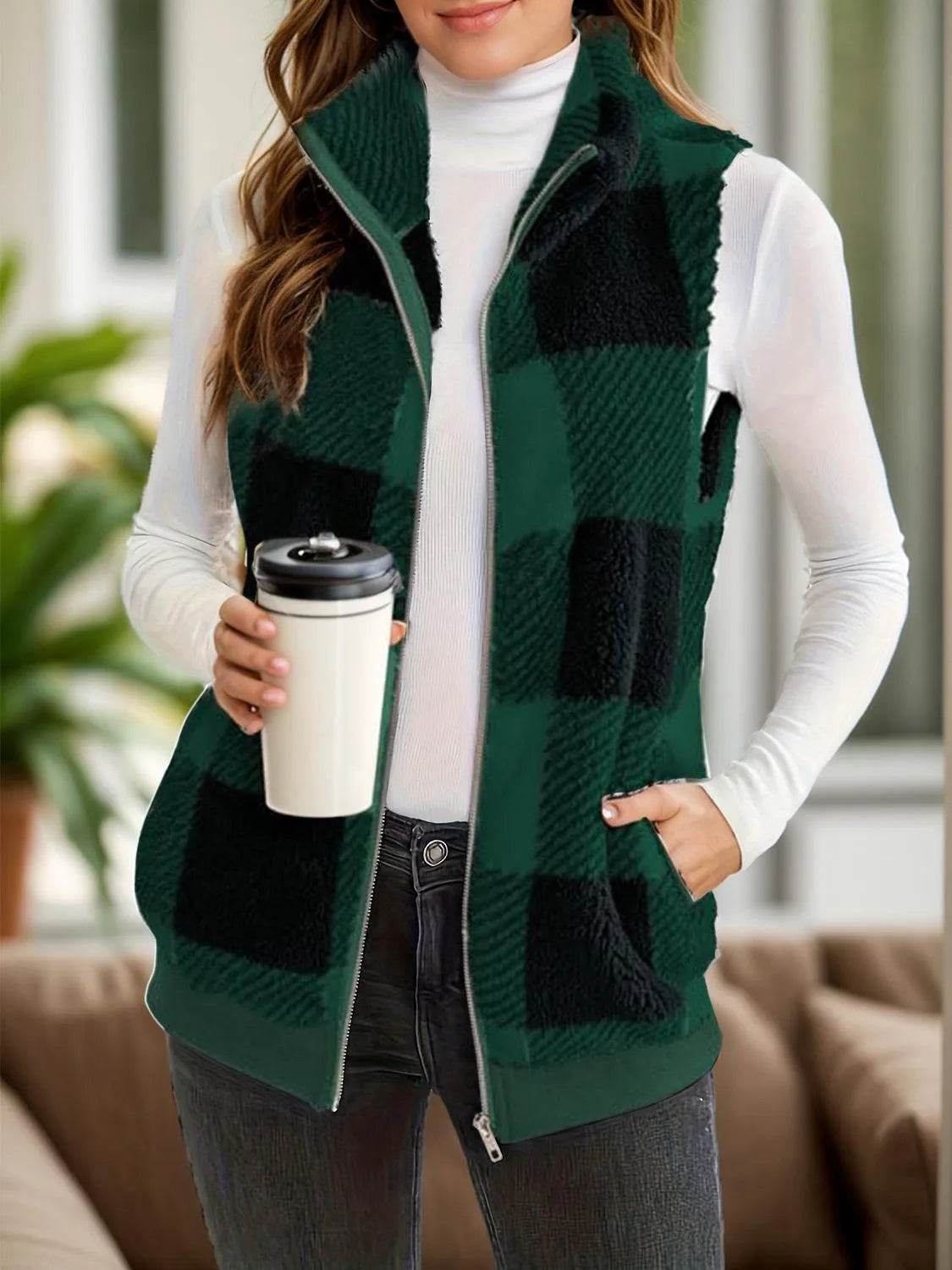 Full Size Pocketed Plaid Vest Coat - Bona Fide Fashion