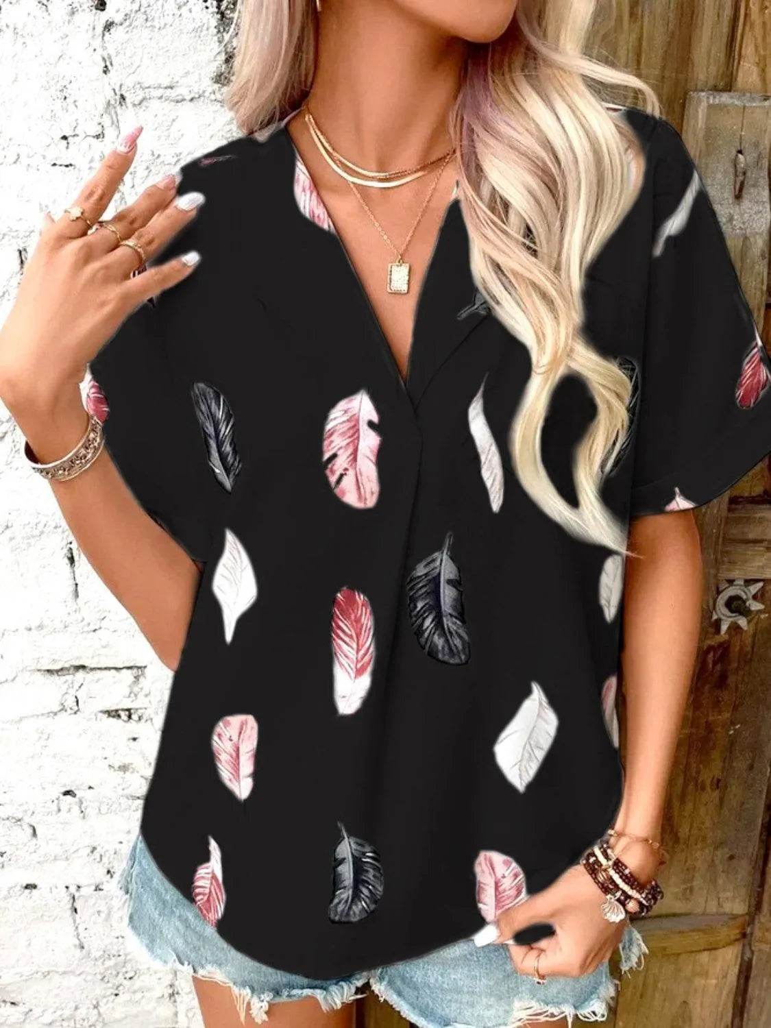 Full Size Printed Collared Neck Short Sleeve Blouse - Bona Fide Fashion