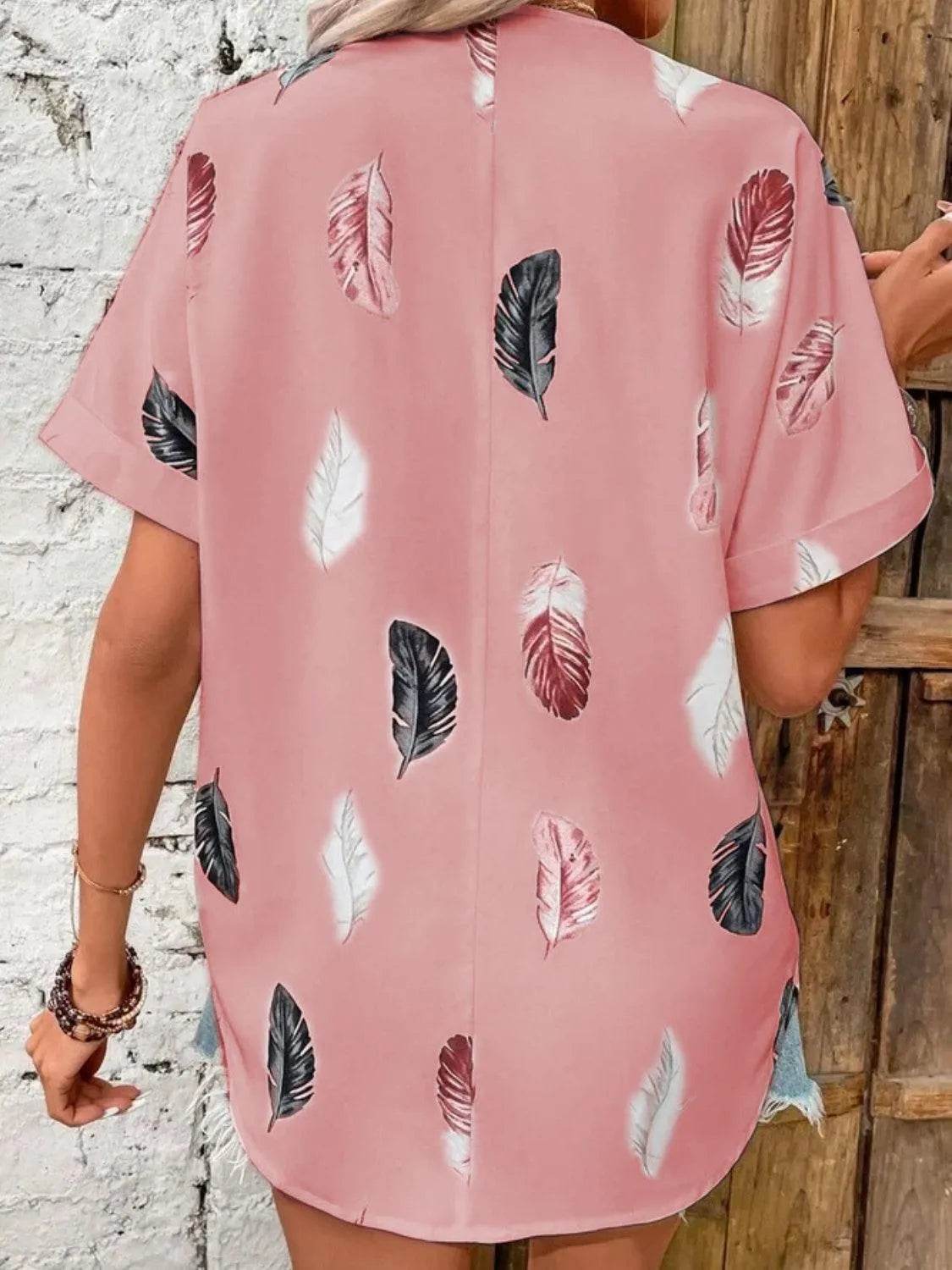 Full Size Printed Collared Neck Short Sleeve Blouse - Bona Fide Fashion