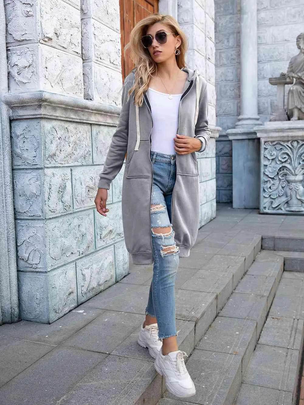 Bona Fide Fashion - Full Size Zip-Up Longline Hoodie with Pockets - Women Fashion - Bona Fide Fashion