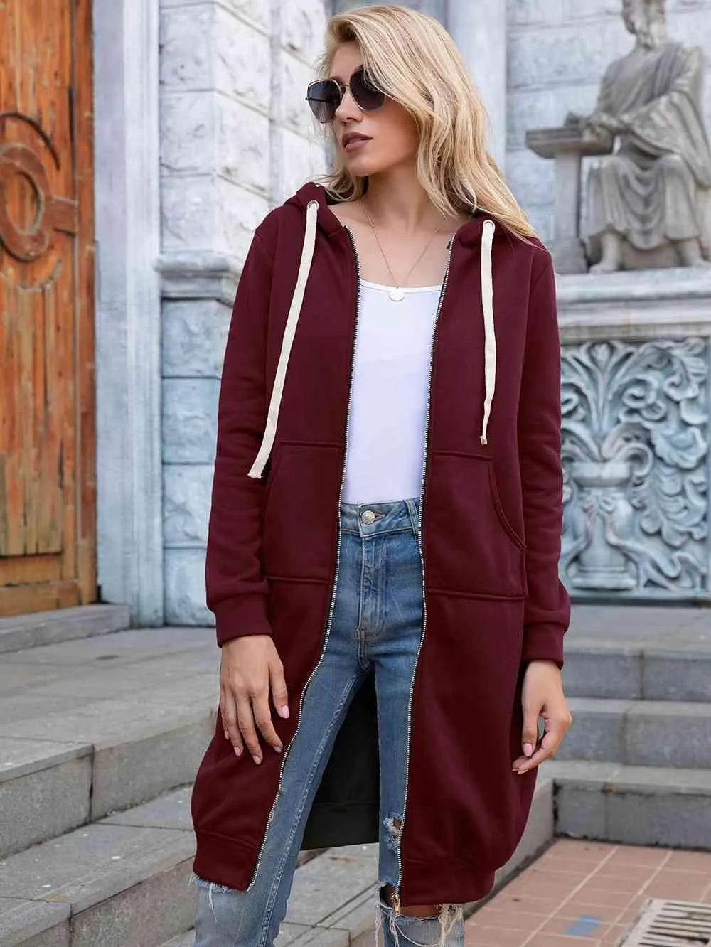 Bona Fide Fashion - Full Size Zip-Up Longline Hoodie with Pockets - Women Fashion - Bona Fide Fashion