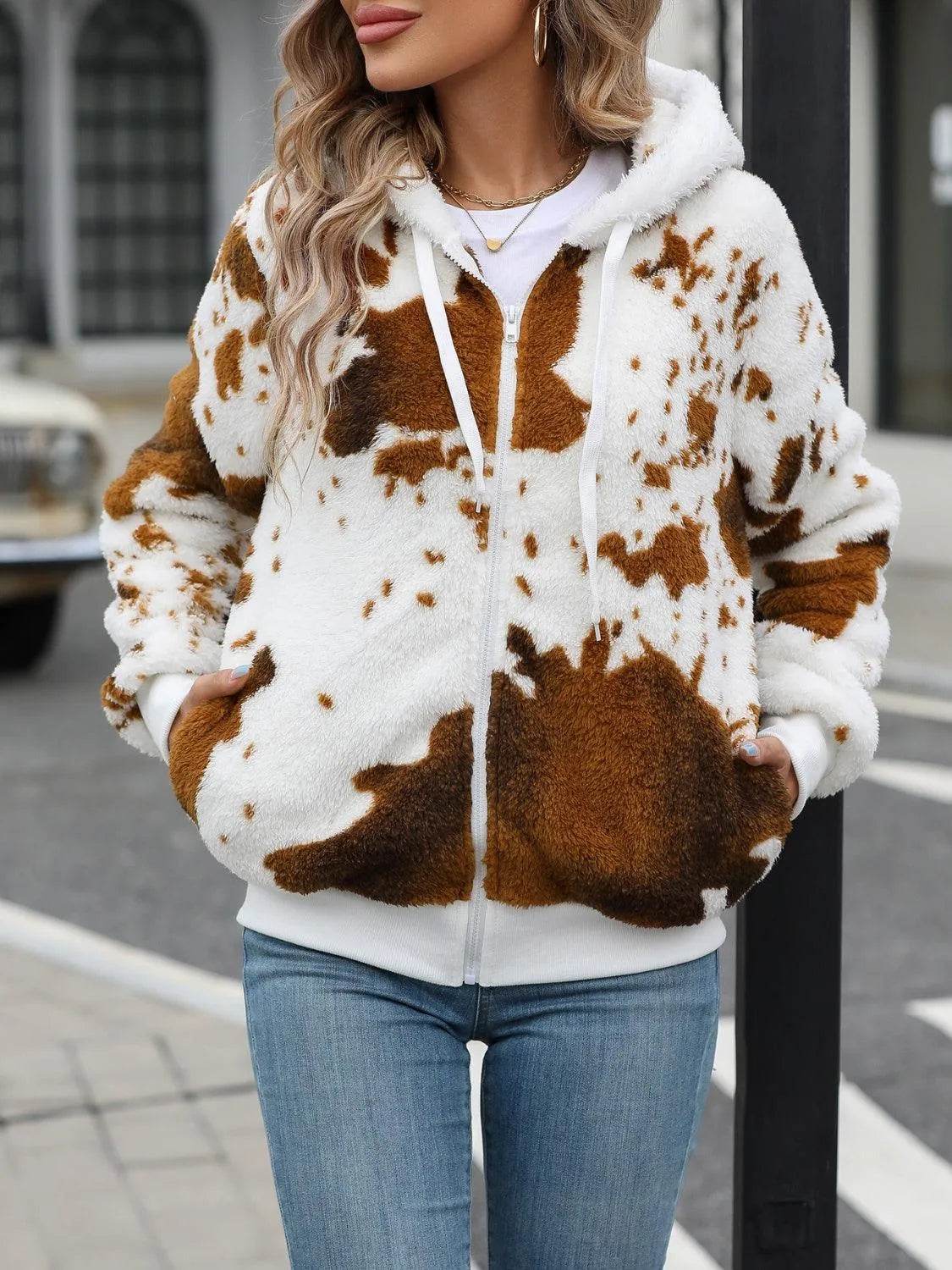 Fuzzy Drawstring Zip Up Hooded Jacket - Bona Fide Fashion