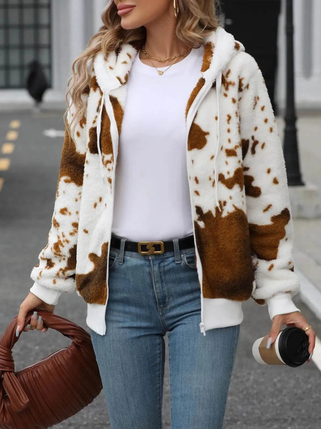 Fuzzy Drawstring Zip Up Hooded Jacket - Bona Fide Fashion