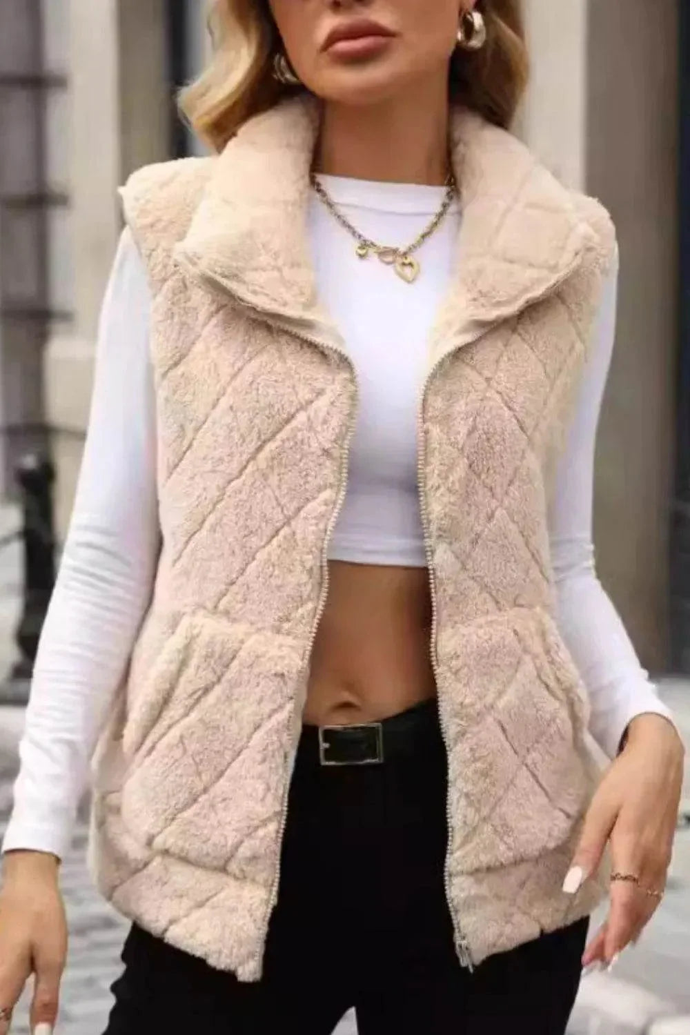 Fuzzy Plaid Texture Zip Up Vest Coat - Bona Fide Fashion