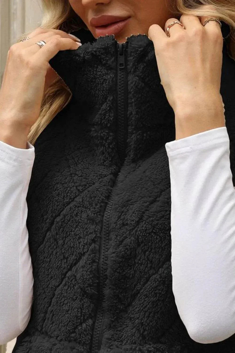 Fuzzy Plaid Texture Zip Up Vest Coat - Bona Fide Fashion