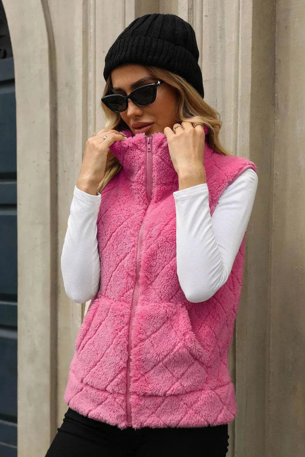 Fuzzy Plaid Texture Zip Up Vest Coat - Bona Fide Fashion