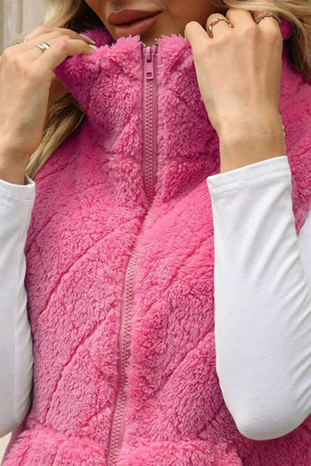 Fuzzy Plaid Texture Zip Up Vest Coat - Bona Fide Fashion