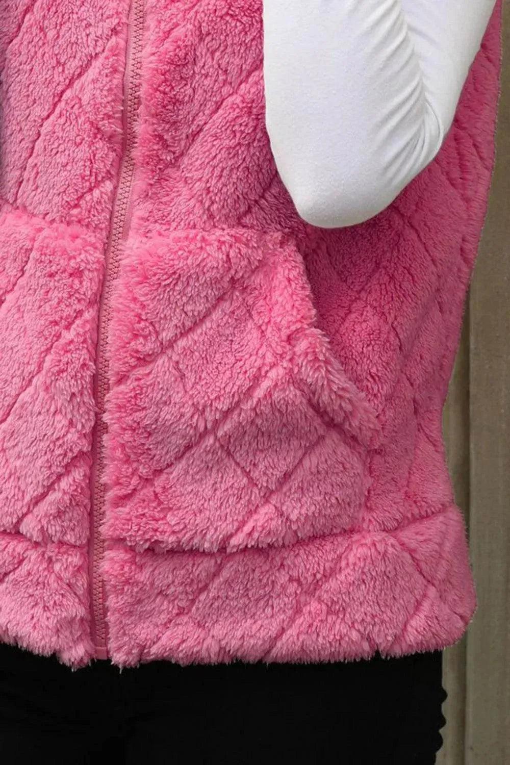 Fuzzy Plaid Texture Zip Up Vest Coat - Bona Fide Fashion