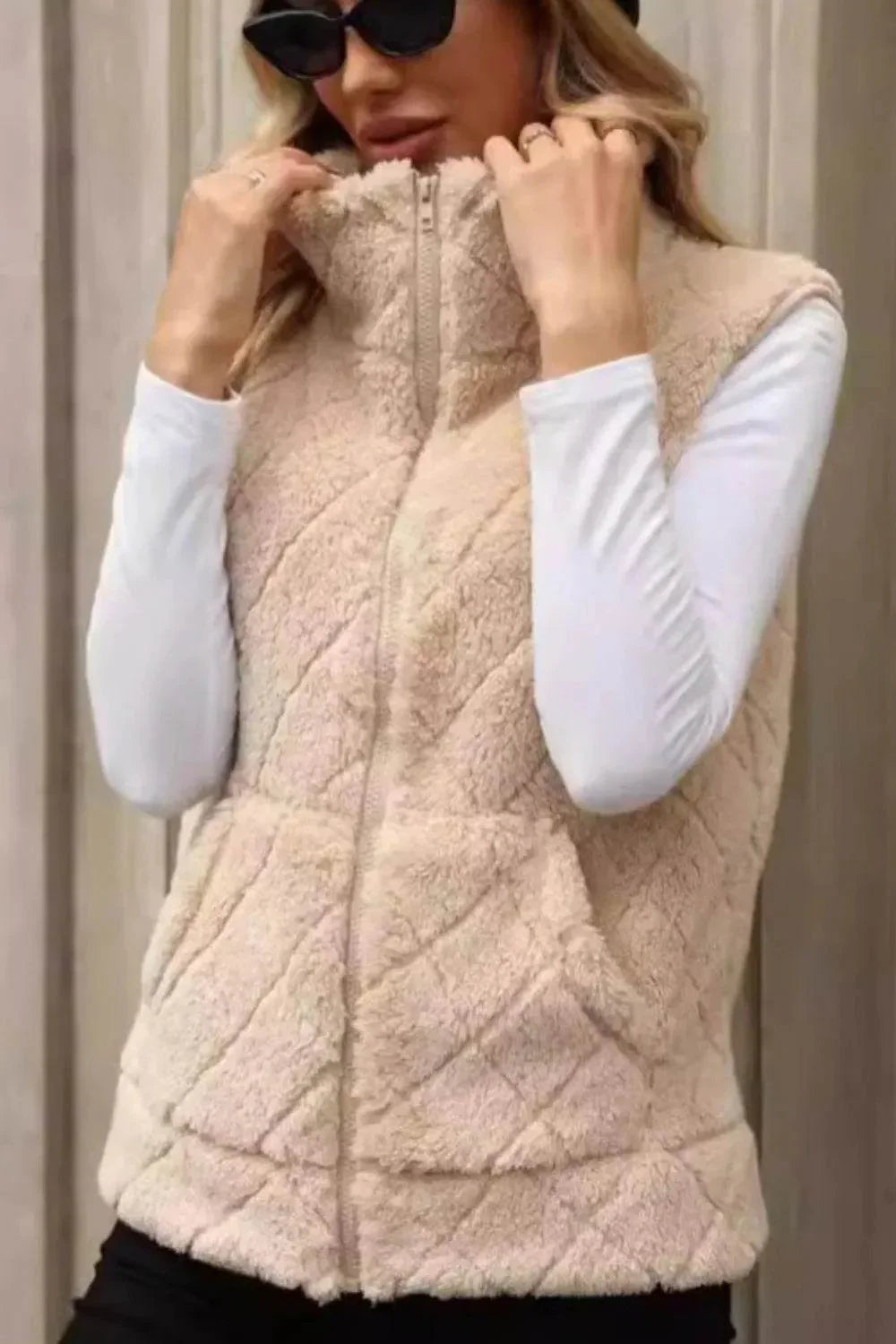 Fuzzy Plaid Texture Zip Up Vest Coat - Bona Fide Fashion