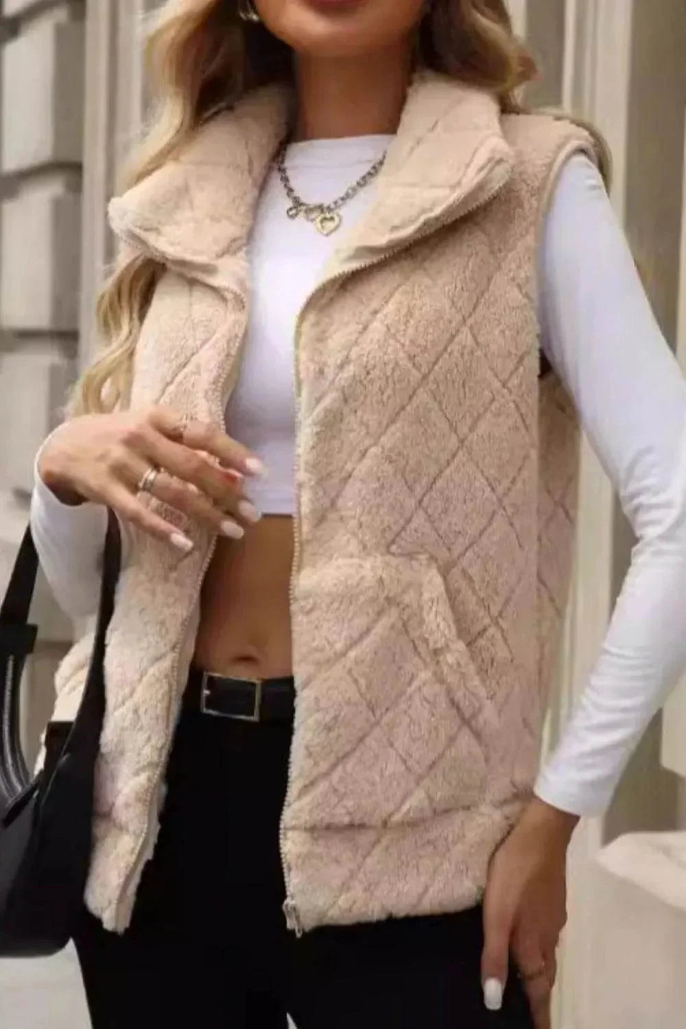 Fuzzy Plaid Texture Zip Up Vest Coat - Bona Fide Fashion
