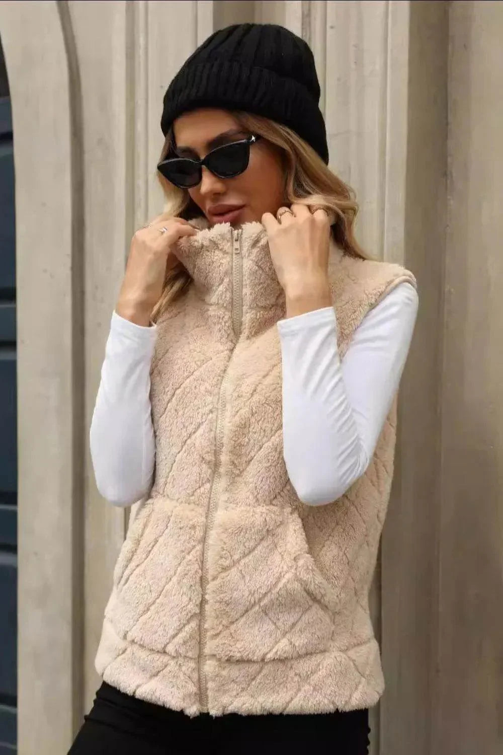 Fuzzy Plaid Texture Zip Up Vest Coat - Bona Fide Fashion