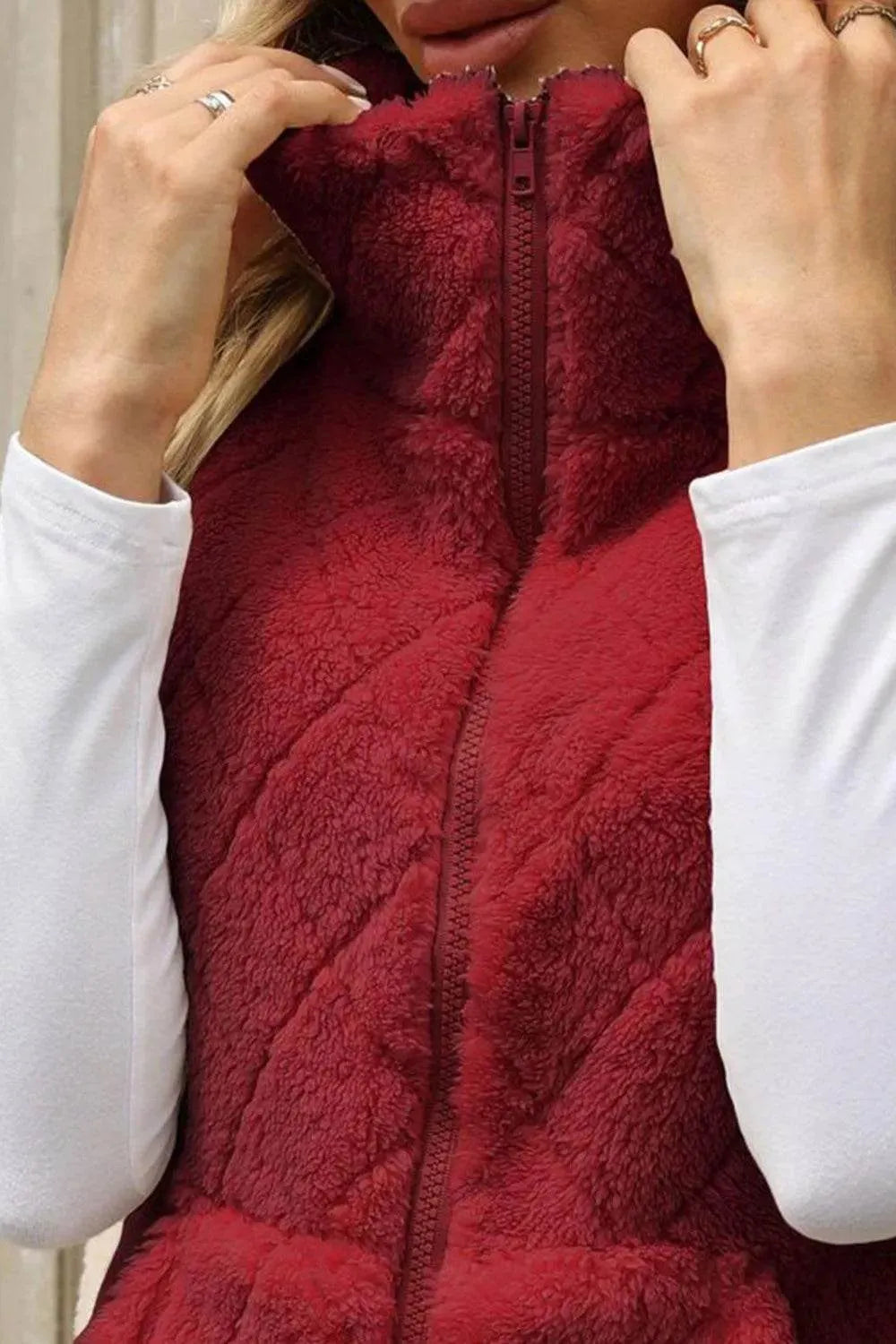 Fuzzy Plaid Texture Zip Up Vest Coat - Bona Fide Fashion