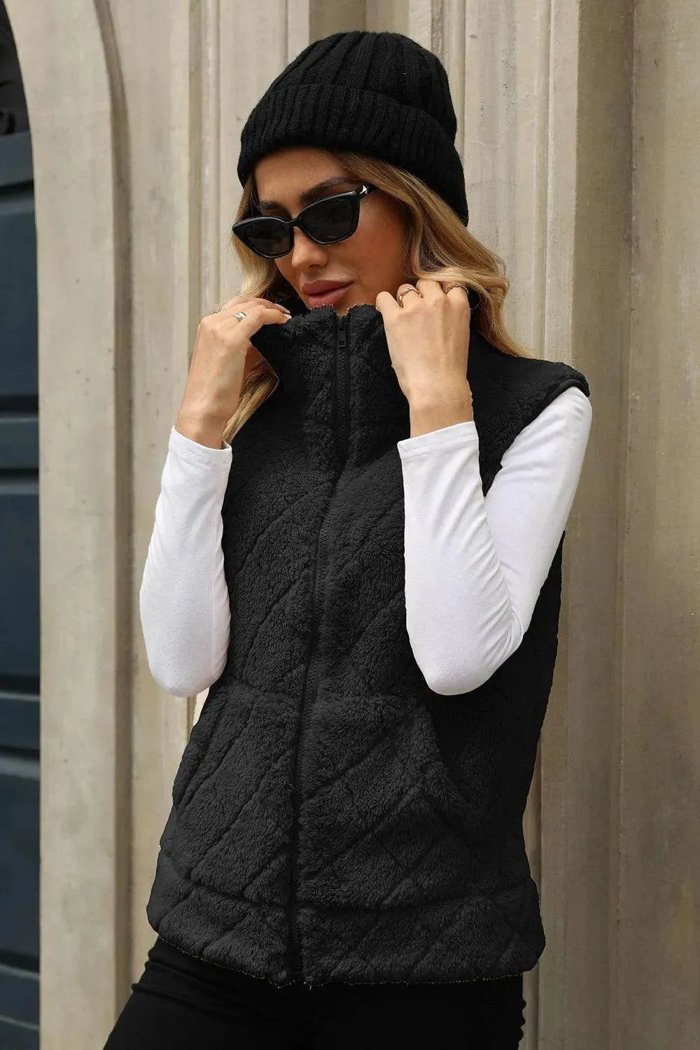 Fuzzy Plaid Texture Zip Up Vest Coat - Bona Fide Fashion