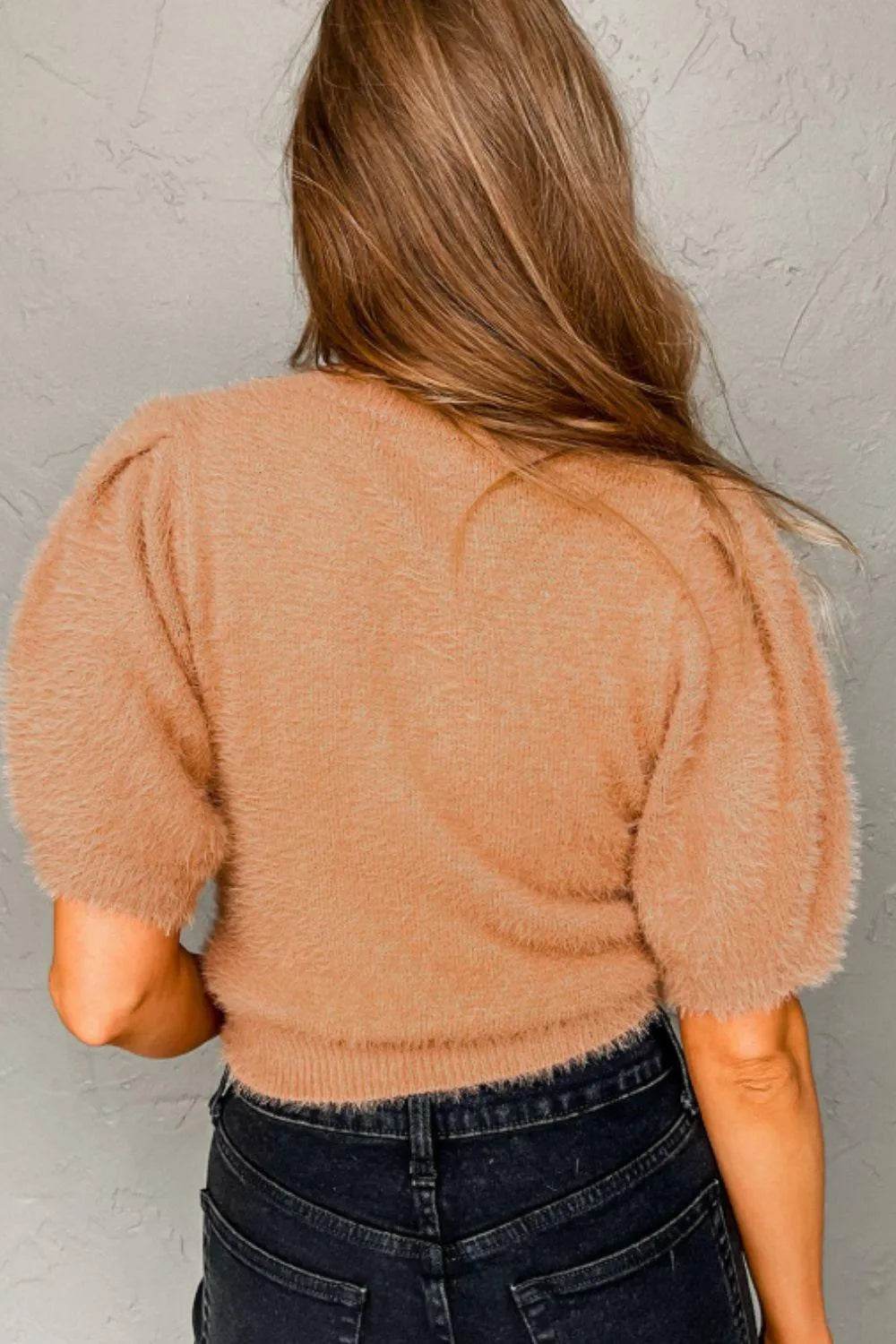 Fuzzy Round Neck Half Sleeve Sweater - Bona Fide Fashion