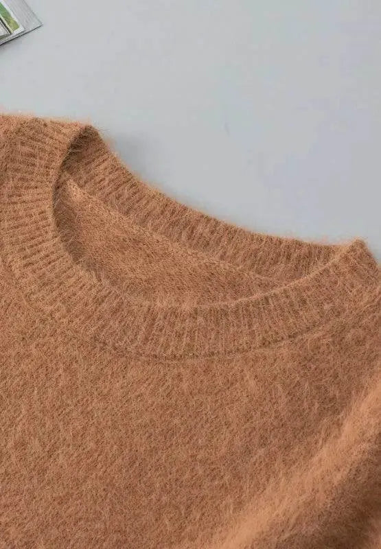 Fuzzy Round Neck Half Sleeve Sweater - Bona Fide Fashion