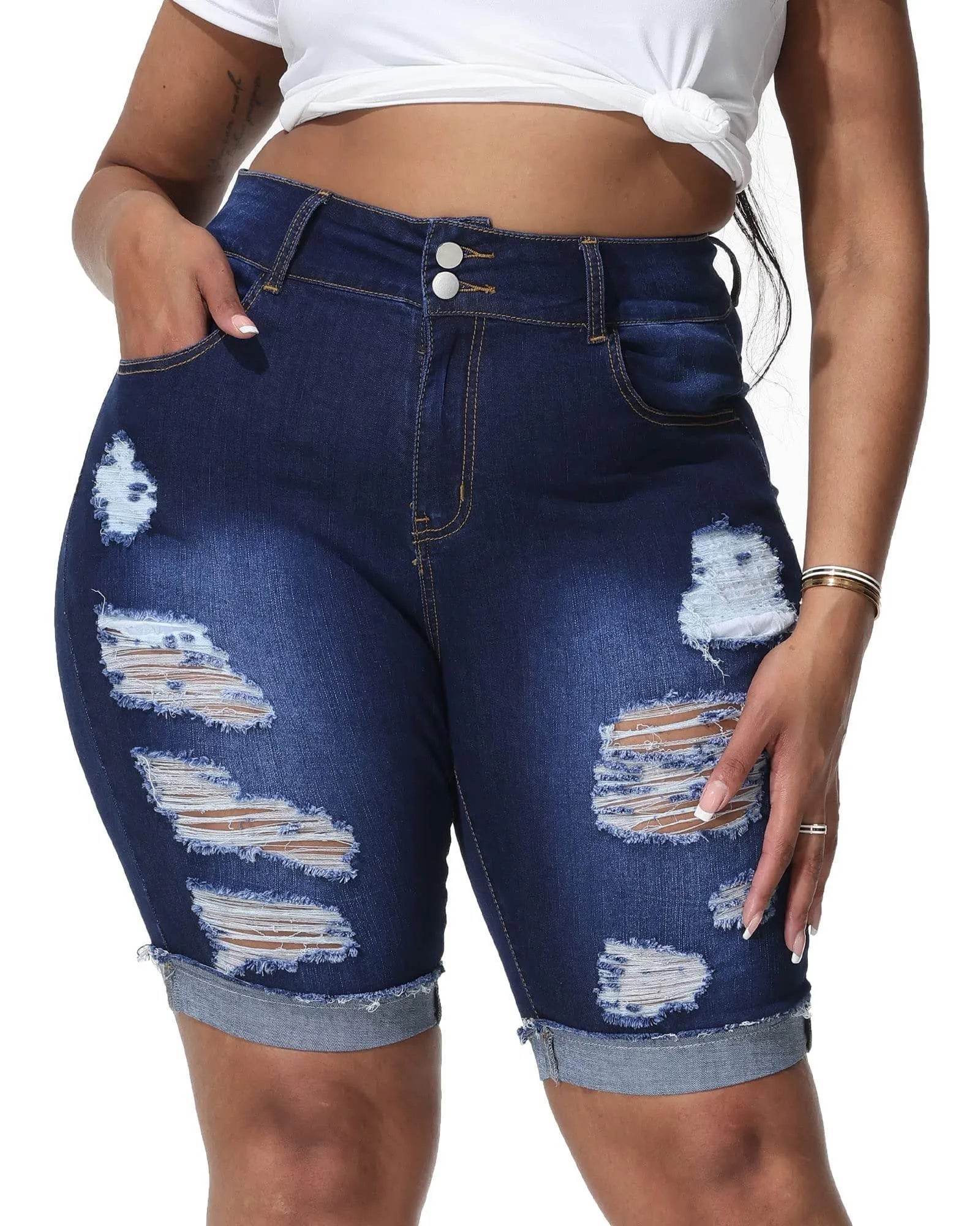 Gboomo Jean Shorts for Women Plus Size High Waisted Bermuda Denim Shorts Distressed Rolled Hem Short Jeans Dark Blue 20W - Bona Fide Fashion
