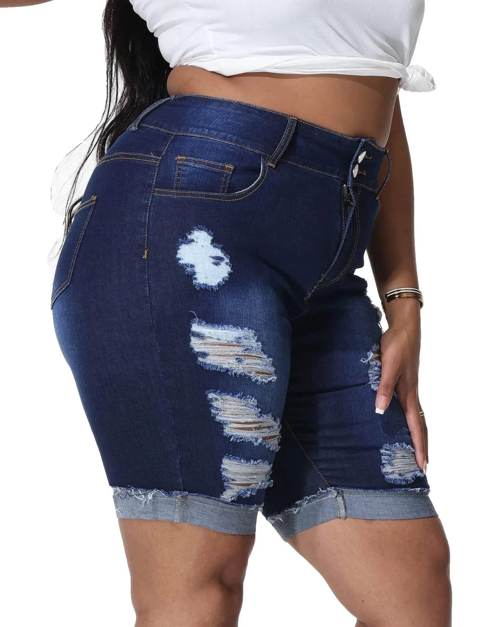 Gboomo Jean Shorts for Women Plus Size High Waisted Bermuda Denim Shorts Distressed Rolled Hem Short Jeans Dark Blue 20W - Bona Fide Fashion