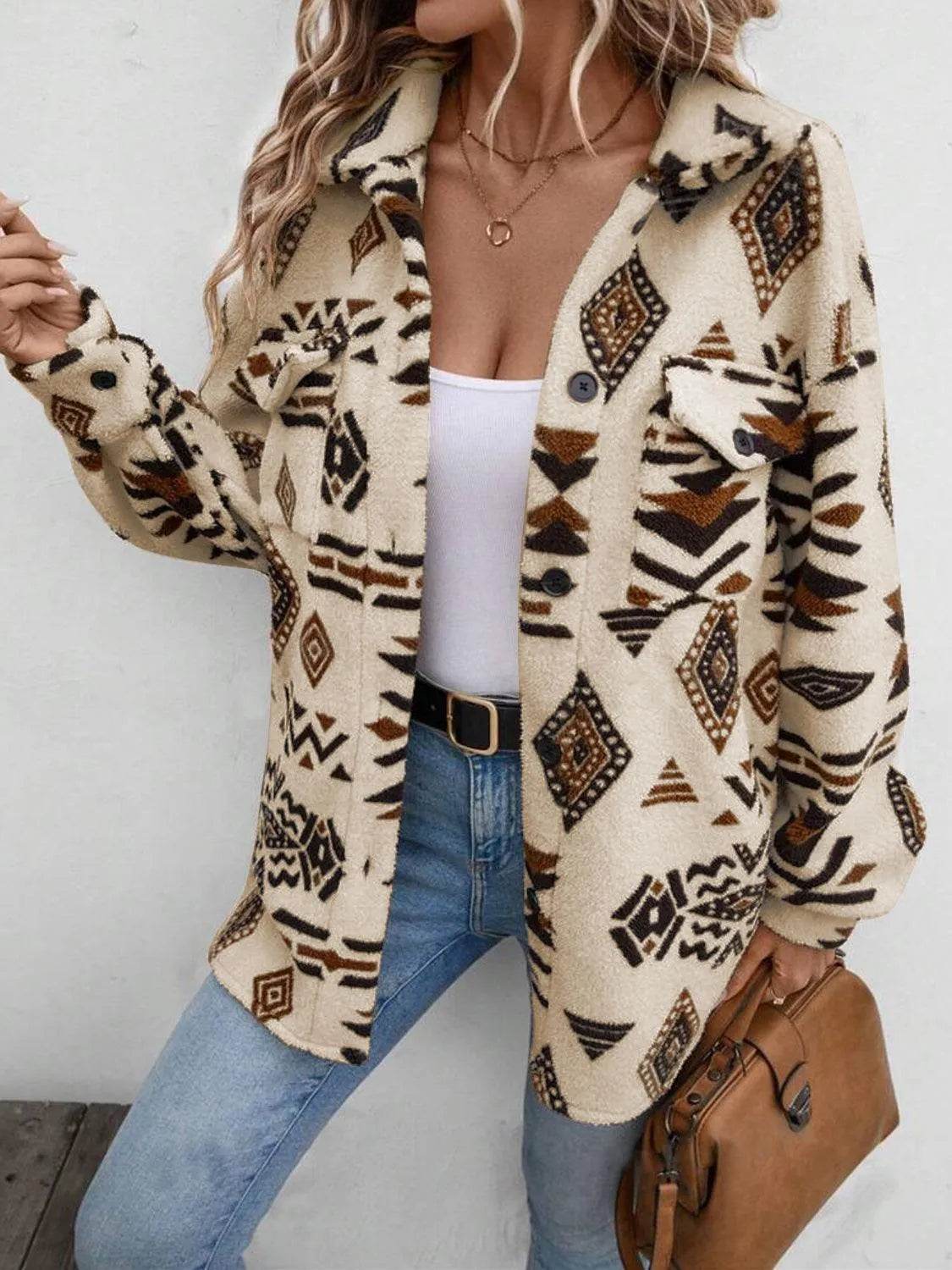 Geometric Button Up Dropped Shoulder Jacket - Bona Fide Fashion