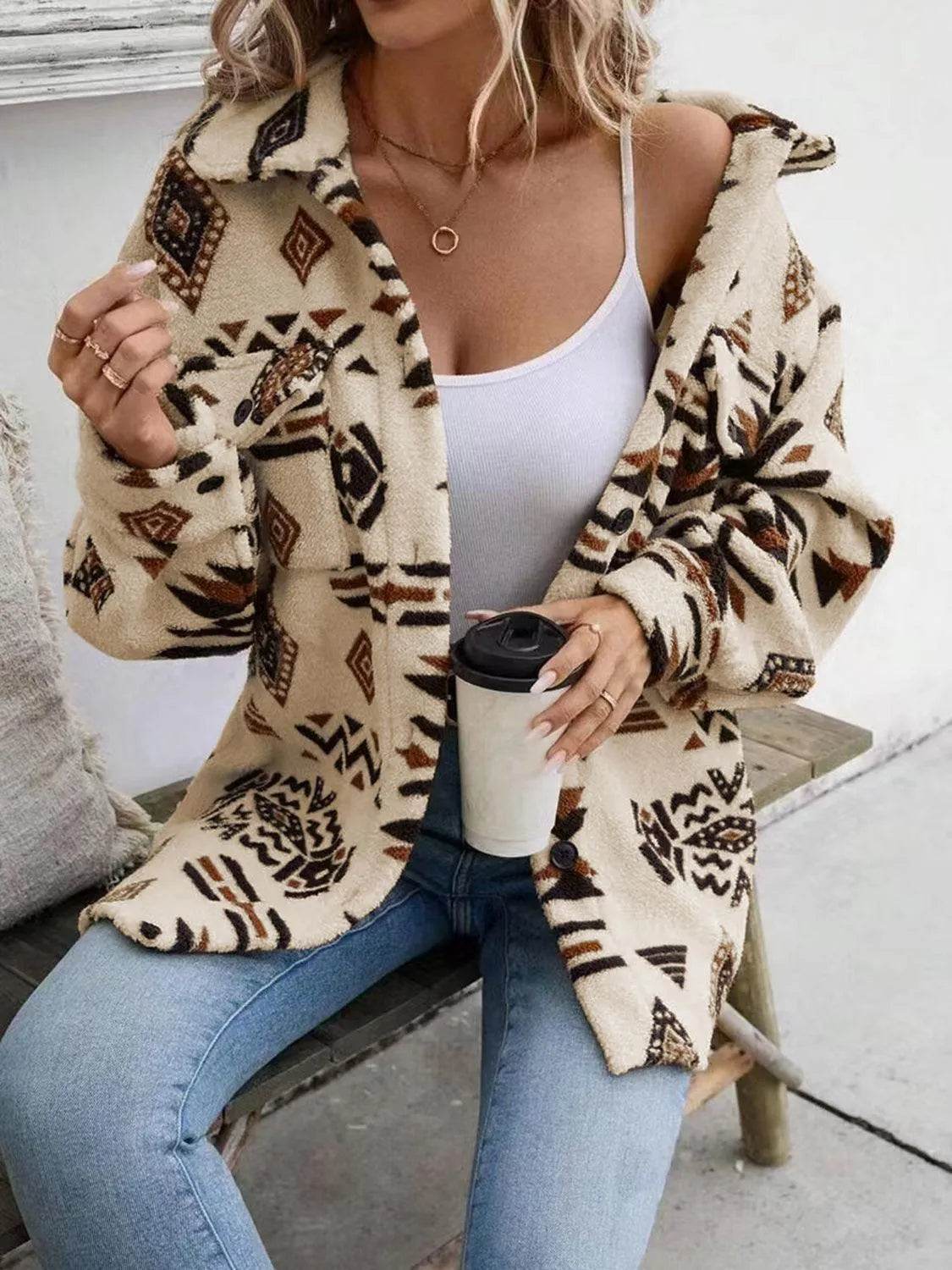 Geometric Button Up Dropped Shoulder Jacket - Bona Fide Fashion