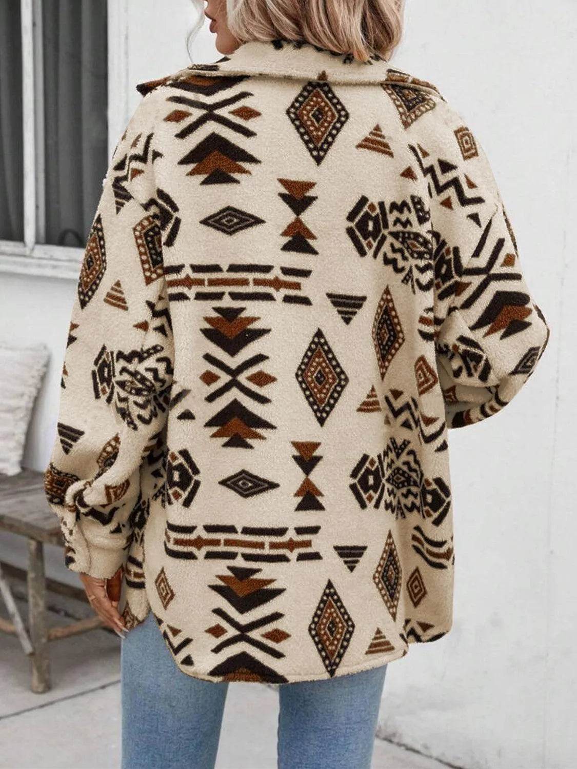 Geometric Button Up Dropped Shoulder Jacket - Bona Fide Fashion