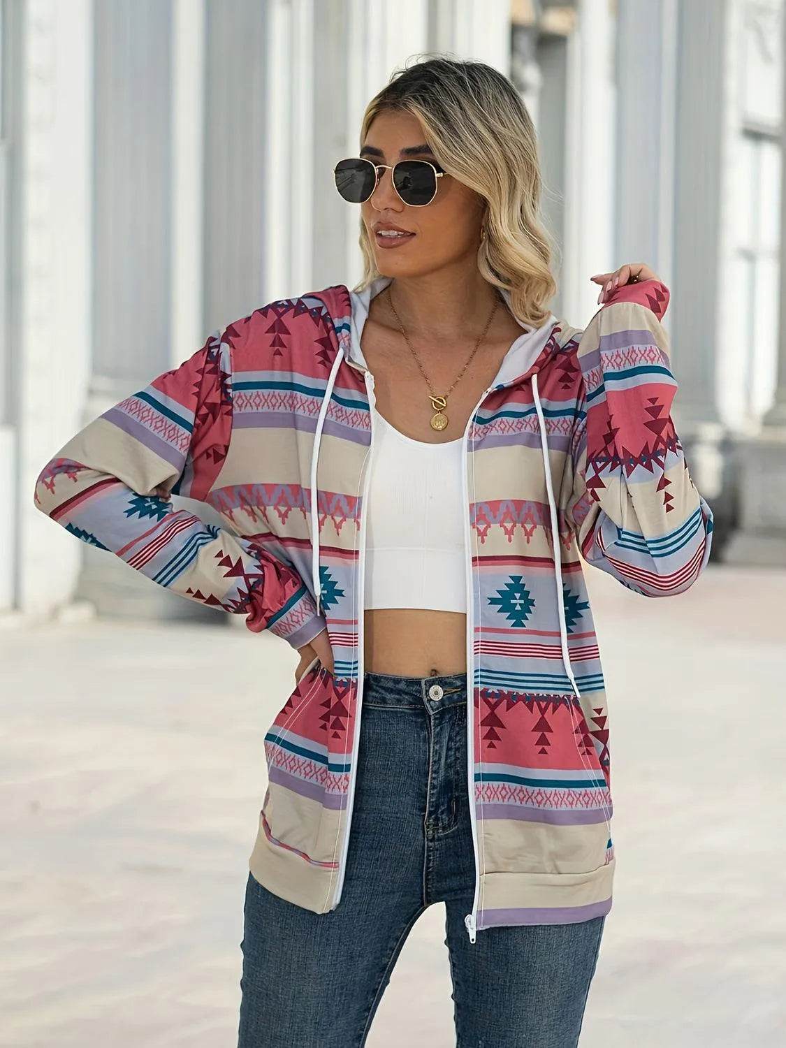Geometric Zip Up Long Sleeve Hooded Jacket - Bona Fide Fashion