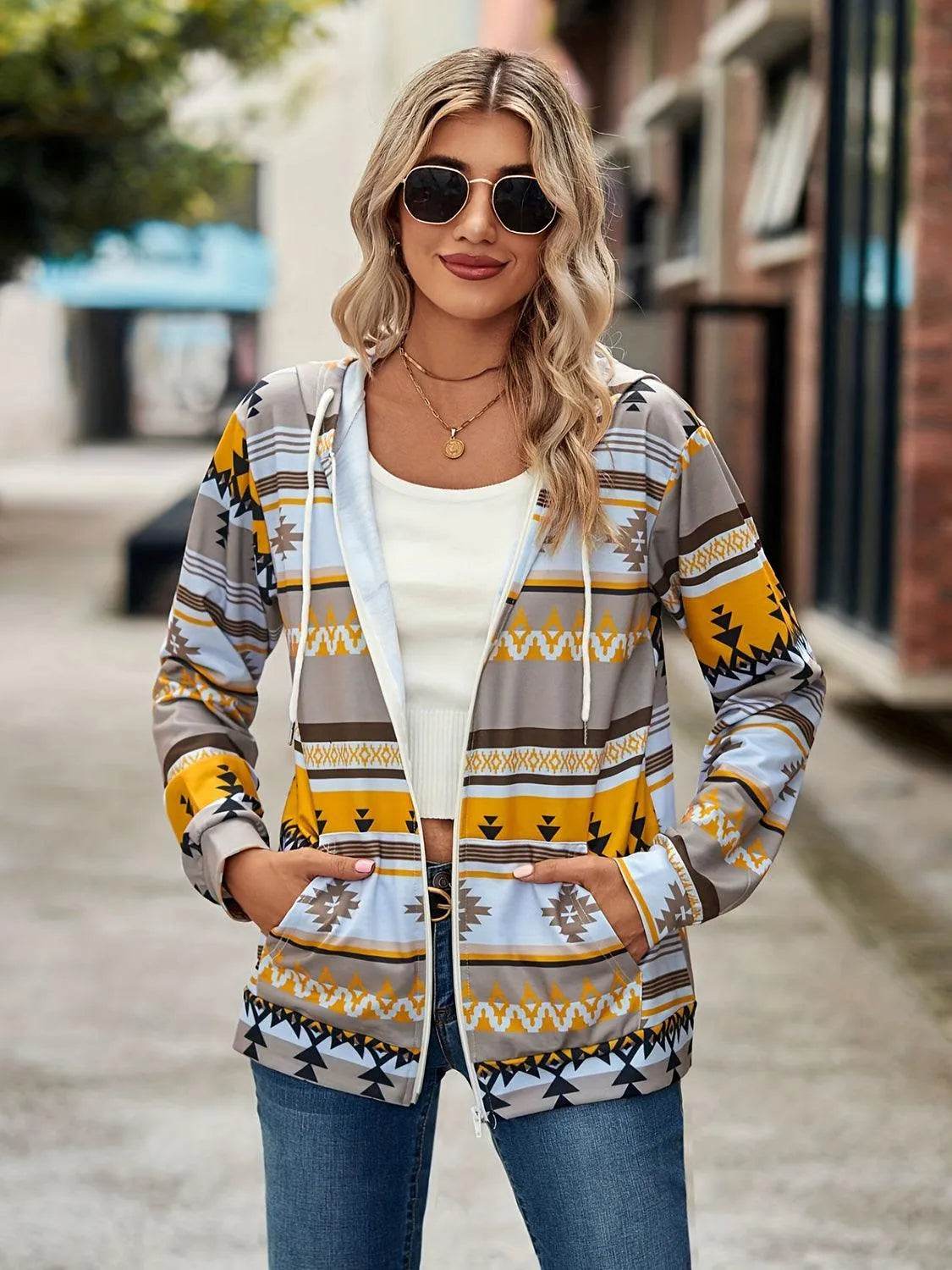 Geometric Zip Up Long Sleeve Hooded Jacket - Bona Fide Fashion