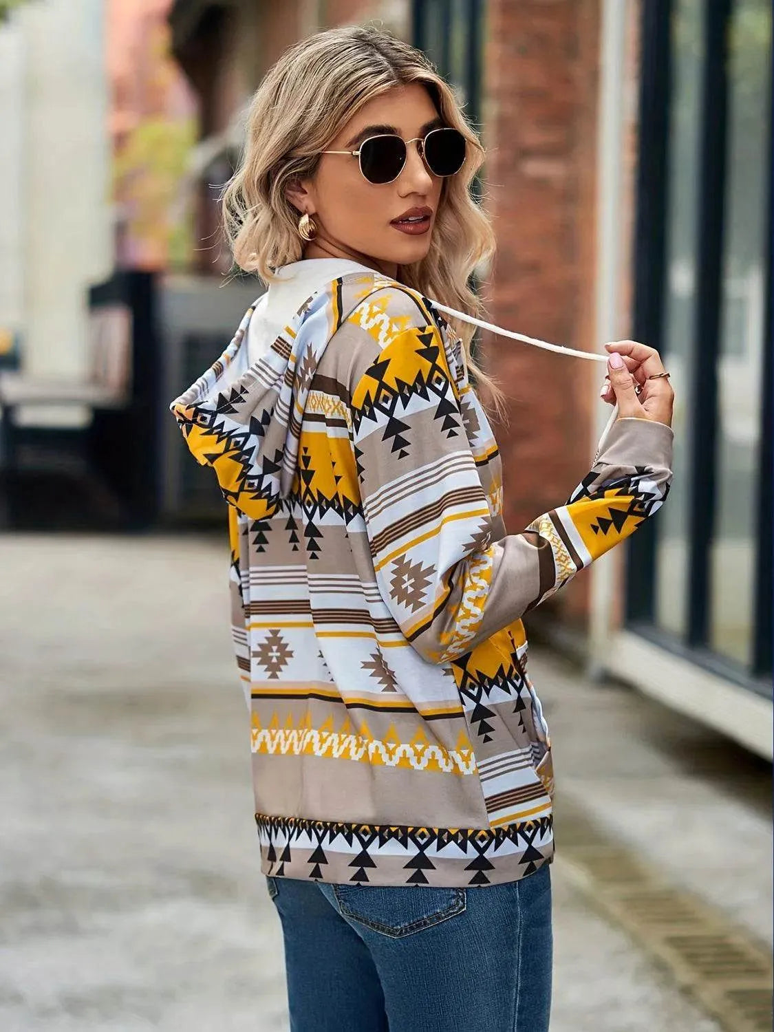 Geometric Zip Up Long Sleeve Hooded Jacket - Bona Fide Fashion