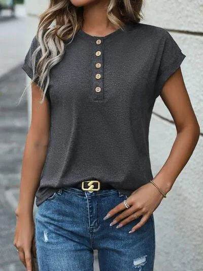 Half Button Round Neck T-Shirt - Bona Fide Fashion