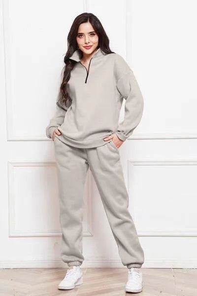 Half Zip Long Sleeve Sweatshirt and Pants Set - Bona Fide Fashion