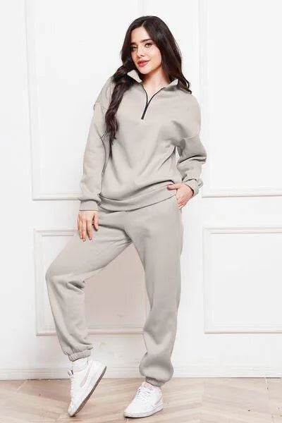 Half Zip Long Sleeve Sweatshirt and Pants Set - Bona Fide Fashion