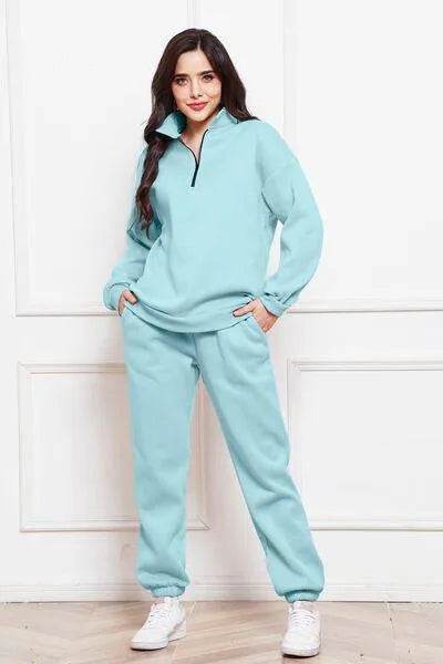 Half Zip Long Sleeve Sweatshirt and Pants Set - Bona Fide Fashion