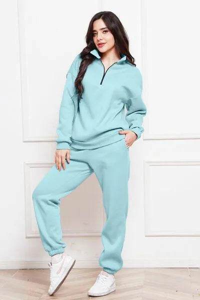 Half Zip Long Sleeve Sweatshirt and Pants Set - Bona Fide Fashion