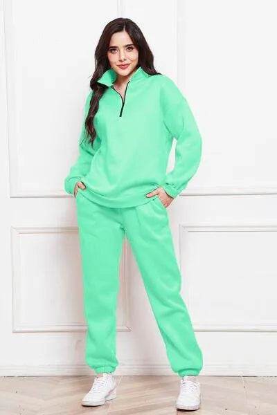 Half Zip Long Sleeve Sweatshirt and Pants Set - Bona Fide Fashion