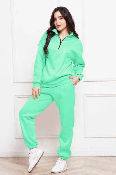 Half Zip Long Sleeve Sweatshirt and Pants Set - Bona Fide Fashion