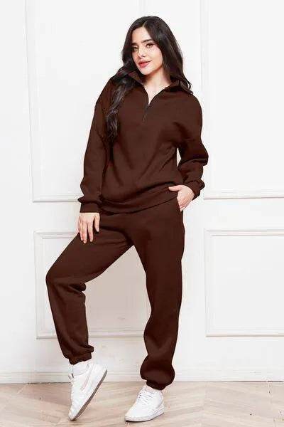 Half Zip Long Sleeve Sweatshirt and Pants Set - Bona Fide Fashion