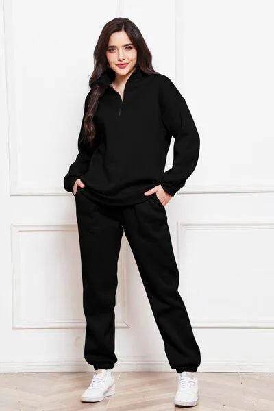 Half Zip Long Sleeve Sweatshirt and Pants Set - Bona Fide Fashion