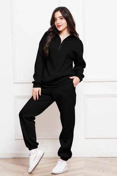 Half Zip Long Sleeve Sweatshirt and Pants Set - Bona Fide Fashion