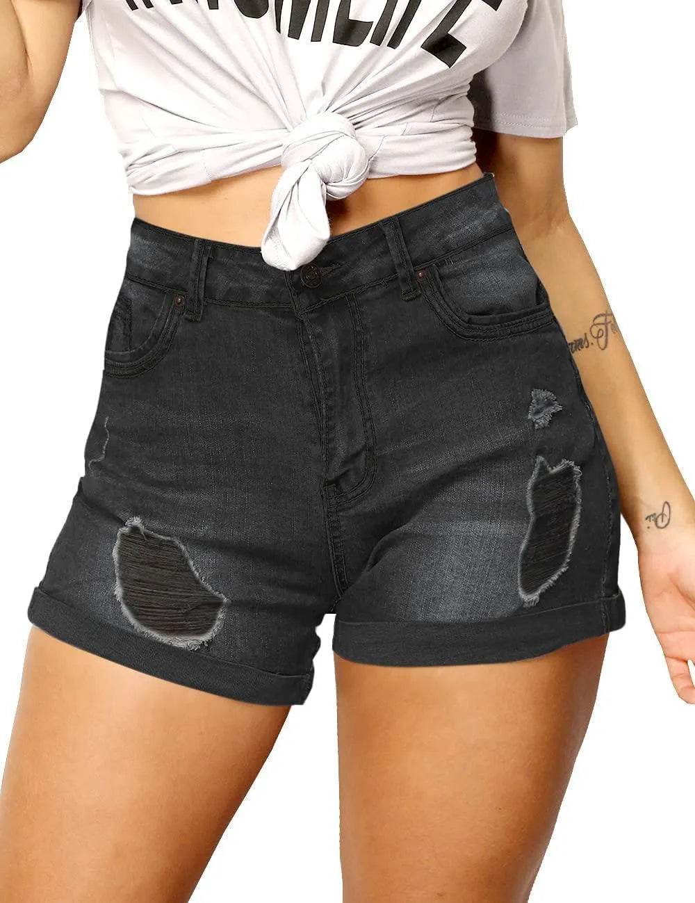 Haola Womens Stretchy Denim Shorts High Waisted Folded Hem Ripped Jeans Shorts Grey Black S - Bona Fide Fashion