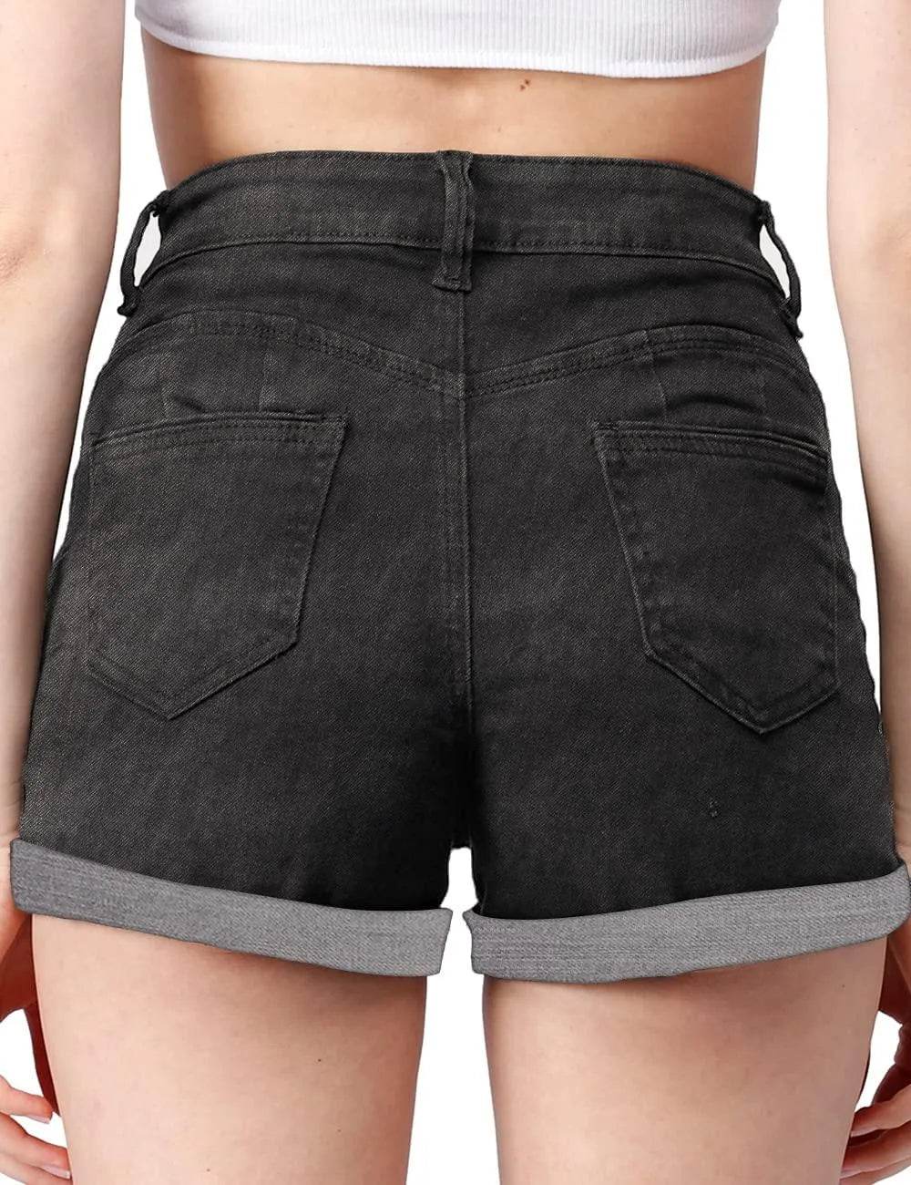 Haola Womens Stretchy Denim Shorts High Waisted Folded Hem Ripped Jeans Shorts Grey Black S - Bona Fide Fashion