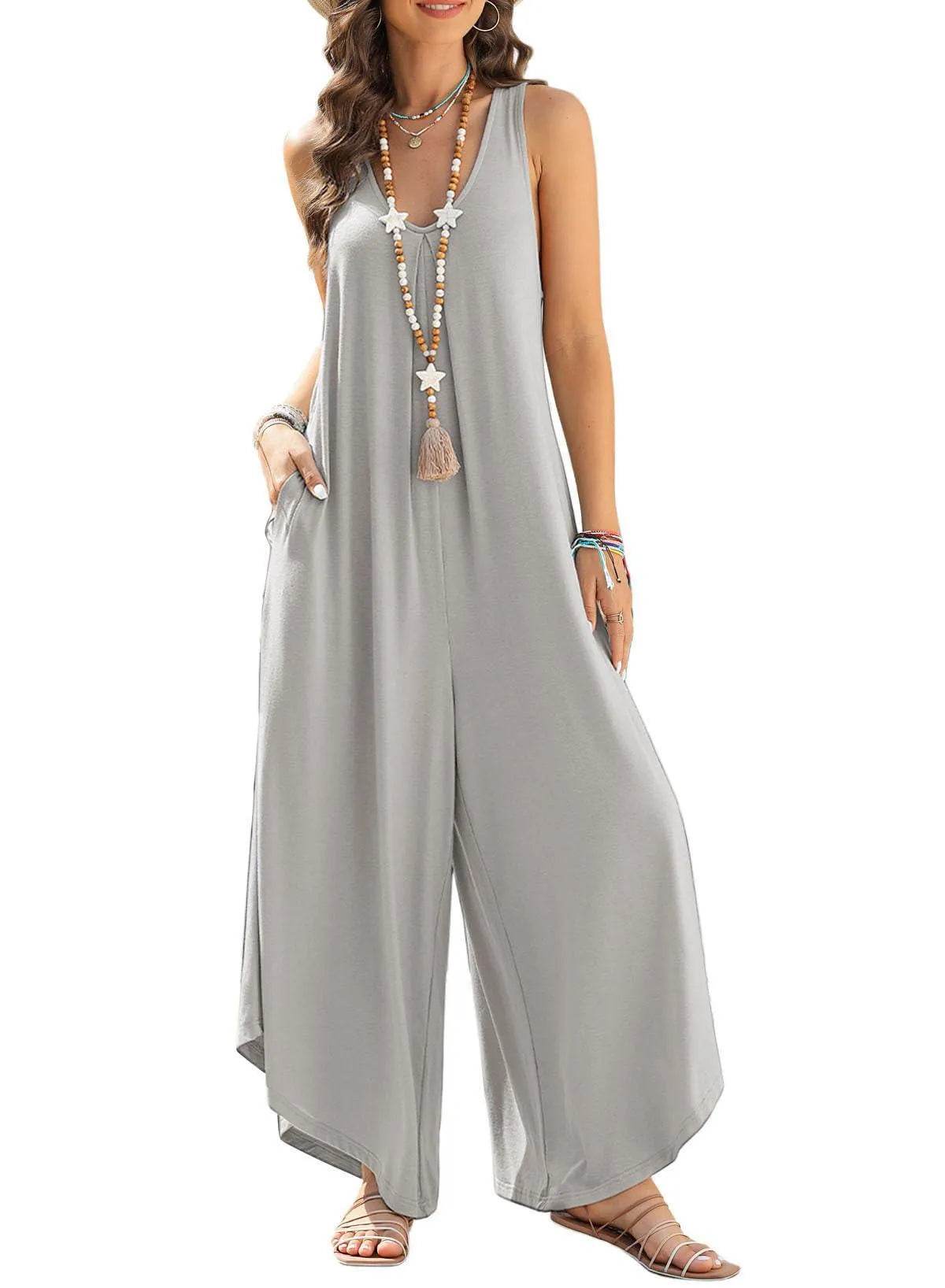 Happy Sailed Jumpsuits for Women Plus Size Casual Loose Fitting Wide Leg Romper Summer Sleeveless V Neck Ruched Stretchy Maternity Jumpsuit Light Grey Large - Bona Fide Fashion