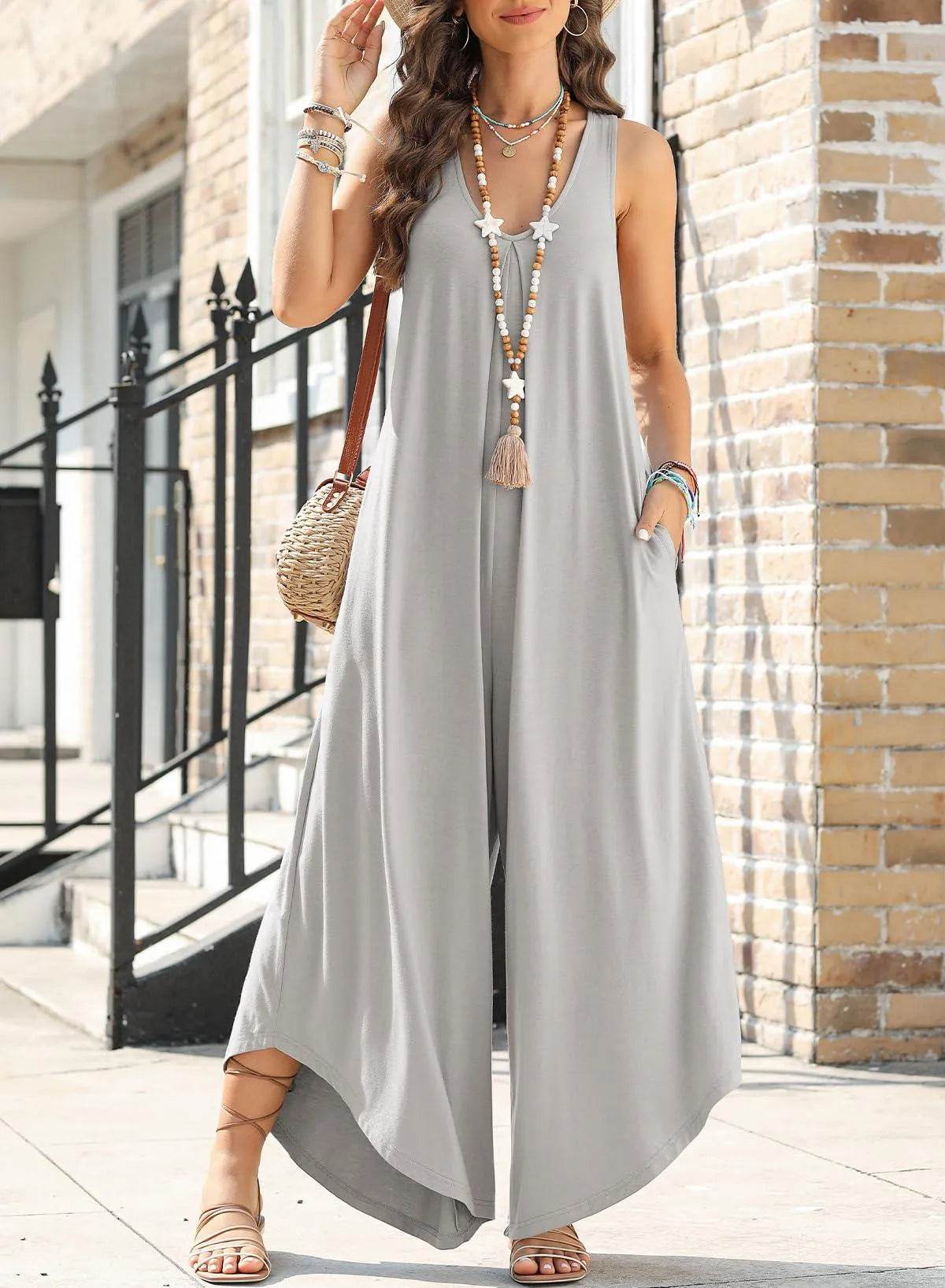 Happy Sailed Jumpsuits for Women Plus Size Casual Loose Fitting Wide Leg Romper Summer Sleeveless V Neck Ruched Stretchy Maternity Jumpsuit Light Grey Large - Bona Fide Fashion