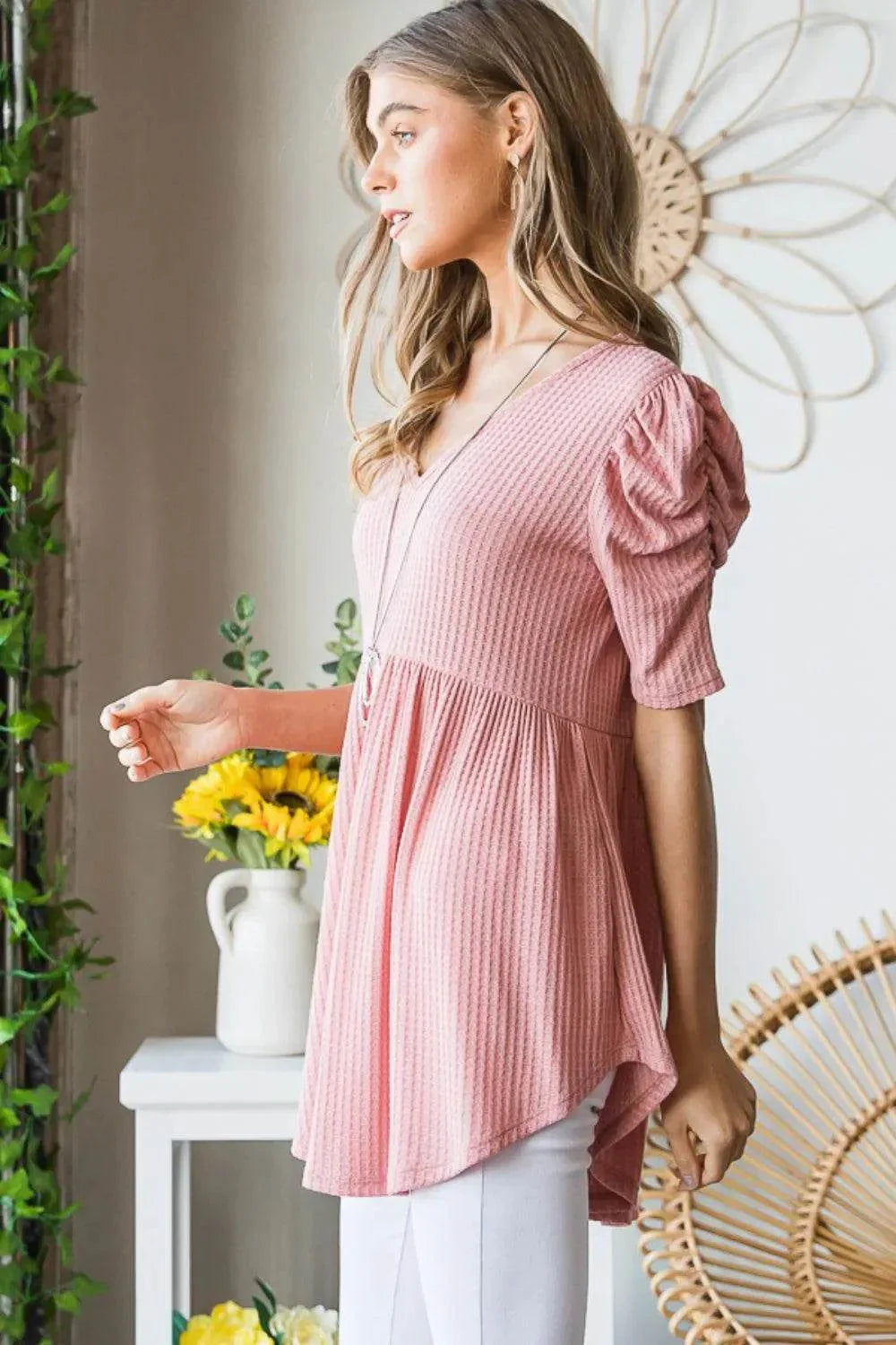 Heimish Full Size Waffle Knit V-Neck Babydoll Top - Bona Fide Fashion