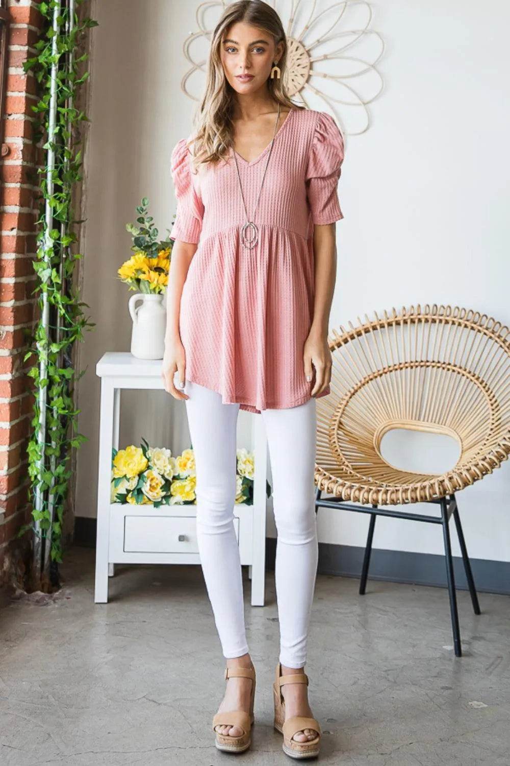 Heimish Full Size Waffle Knit V-Neck Babydoll Top - Bona Fide Fashion