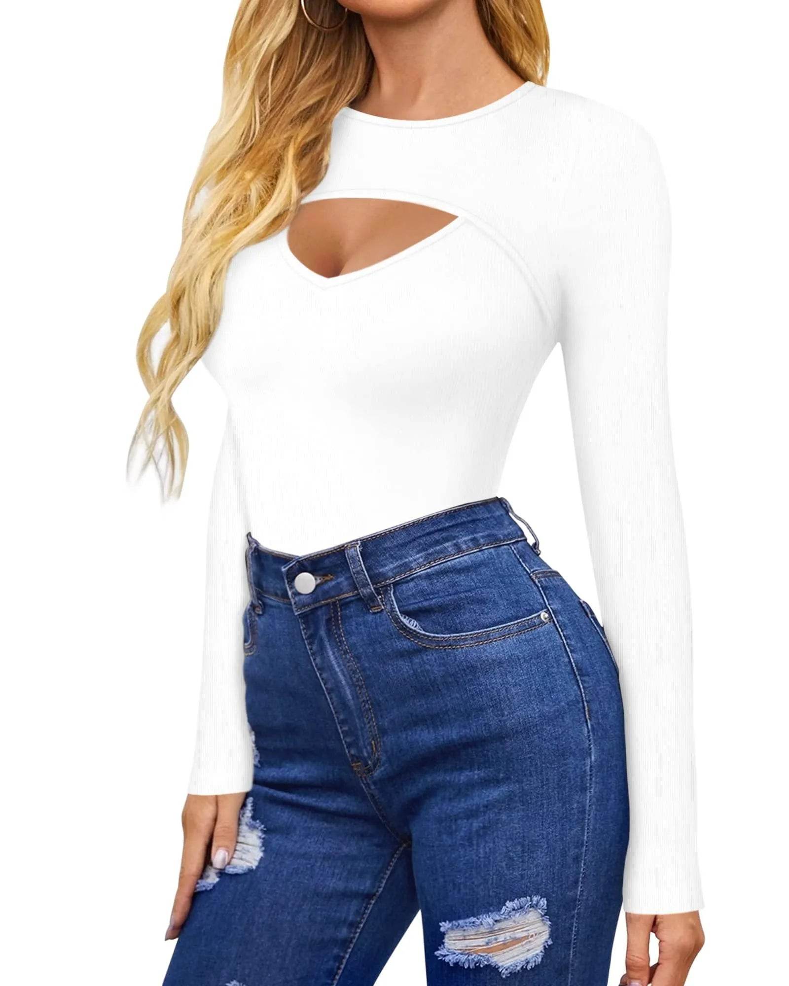 HERLOLLYCHIPS Womens Long Sleeve Tops Cut Out Front Ribbed Fitted Sexy Casual Dressy Fall Tee T-Shirts Tshirt (White, Large) - Bona Fide Fashion